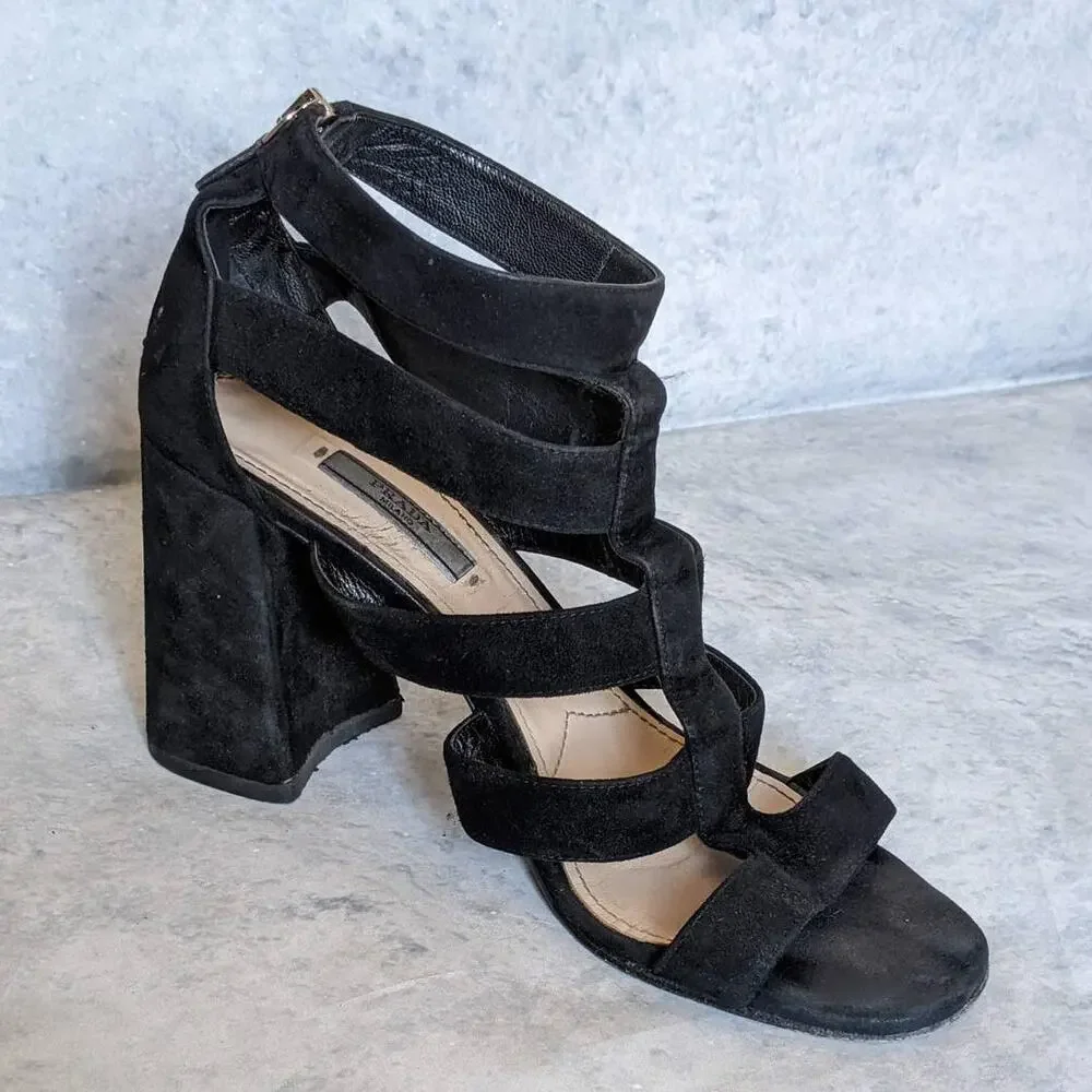 Prada Suede Gladiator Block Heel Sandals in Black, Size 9